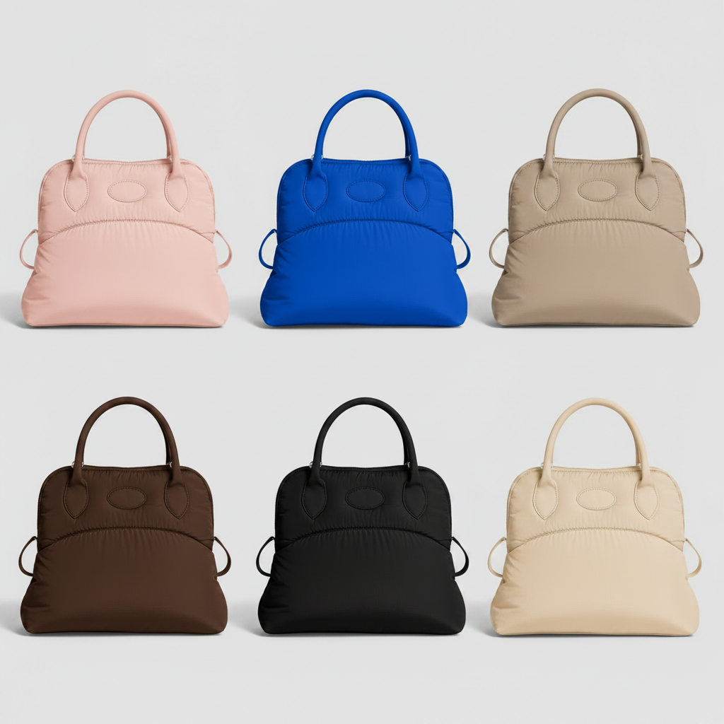 Set of six bags in different colors on a light gray background